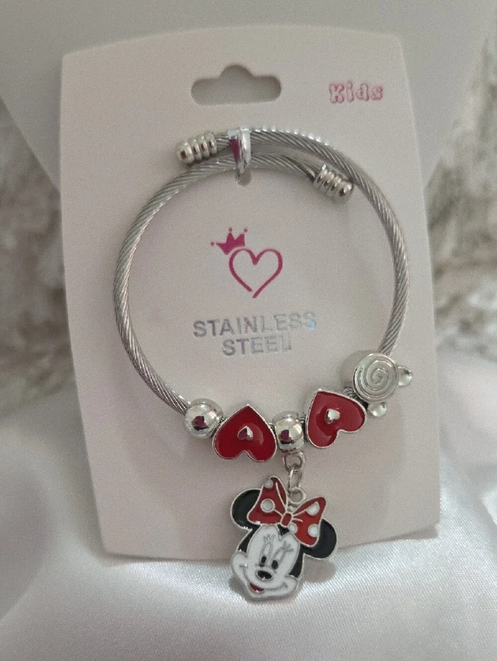 Kids Stainless Steel Minnie Mouse Charm Bracelet - Blue & Red